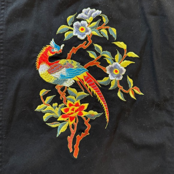Yi Lin Black Embroidered Bird‎ Floral Denim Jacket Women's Size L - Picture 11 of 12